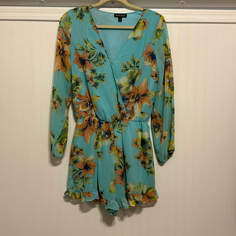 About a Girl blue, pink & green floral long sleeve romper